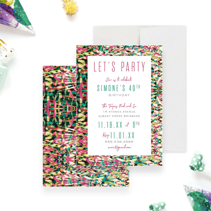 colorful tropical birthday party invitation with bright abstract border, modern lettering, and personalized milestone birthday details-front-back