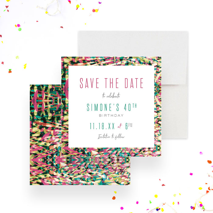 colorful tropical birthday save the date card with bright abstract border, modern lettering, and personalized birthday party details-front-back