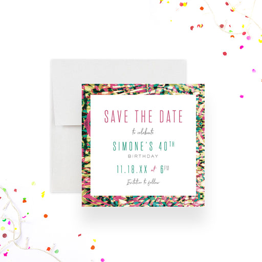 colorful tropical birthday save the date card with bright abstract border, modern lettering, and personalized birthday party details-front