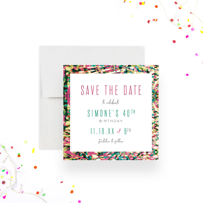 colorful tropical birthday save the date card with bright abstract border, modern lettering, and personalized birthday party details-front