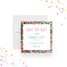 colorful tropical birthday save the date card with bright abstract border, modern lettering, and personalized birthday party details-front
