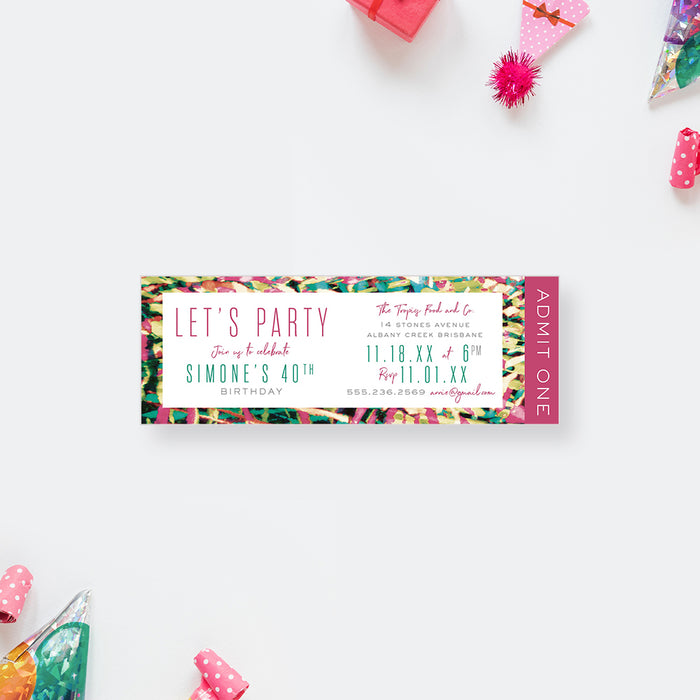 colorful tropical birthday ticket invitation with bright abstract border, admit one panel, and personalized party details