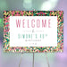 colorful tropical birthday welcome sign displayed on an easel with bright abstract border and personalized milestone birthday details
