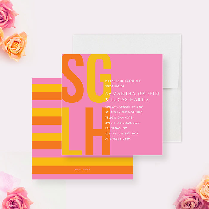 Colorful Wedding Invitation with Couples Initials, Bright Wedding Invites with Monogram in Yellow Orange and Pink