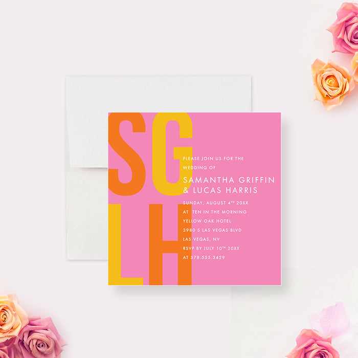 Colorful Wedding Invitation with Couples Initials, Bright Wedding Invites with Monogram in Yellow Orange and Pink