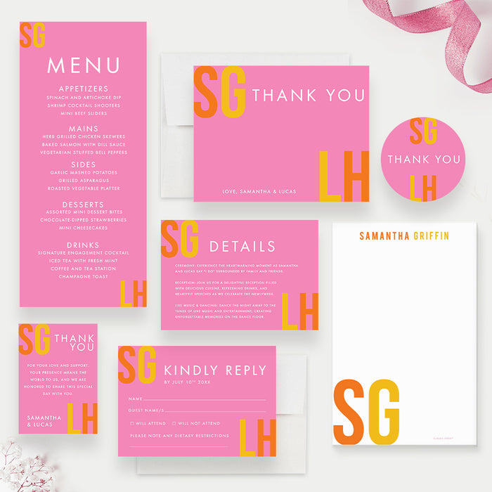 Colorful Wedding Invitation with Couples Initials, Bright Wedding Invites with Monogram in Yellow Orange and Pink