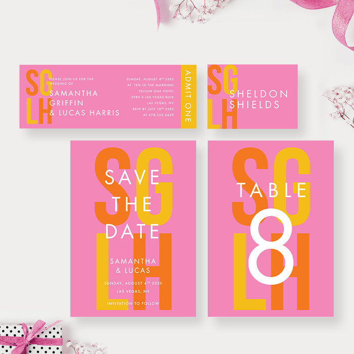 Colorful Wedding Invitation with Couples Initials, Bright Wedding Invites with Monogram in Yellow Orange and Pink