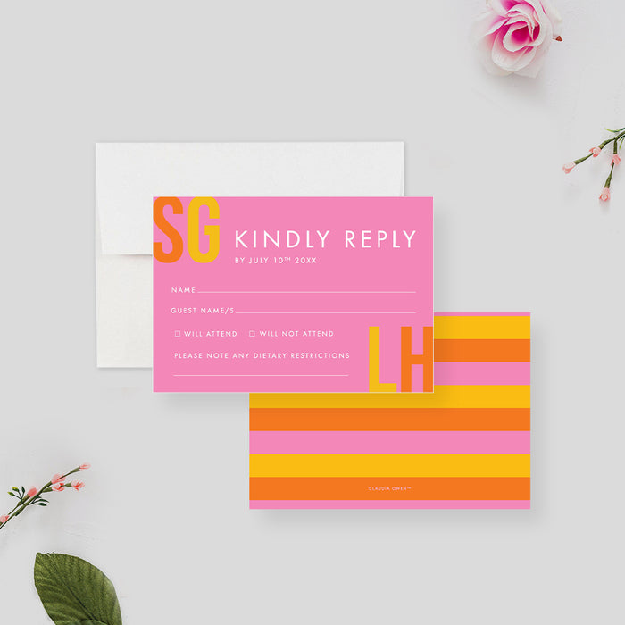 Colorful Wedding Invitation with Couples Initials, Bright Wedding Invites with Monogram in Yellow Orange and Pink