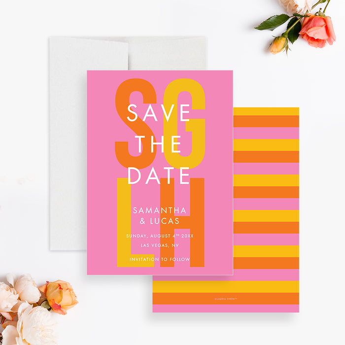 Colorful Wedding Save the Date Card with Couples Initials, Bright Monogram Wedding Save the Dates in Yellow Orange and Pink