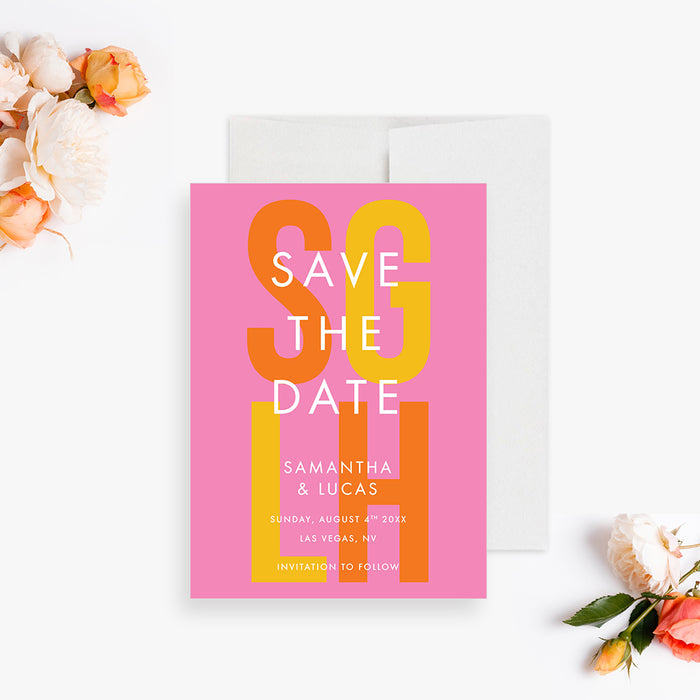 Colorful Wedding Save the Date Card with Couples Initials, Bright Monogram Wedding Save the Dates in Yellow Orange and Pink