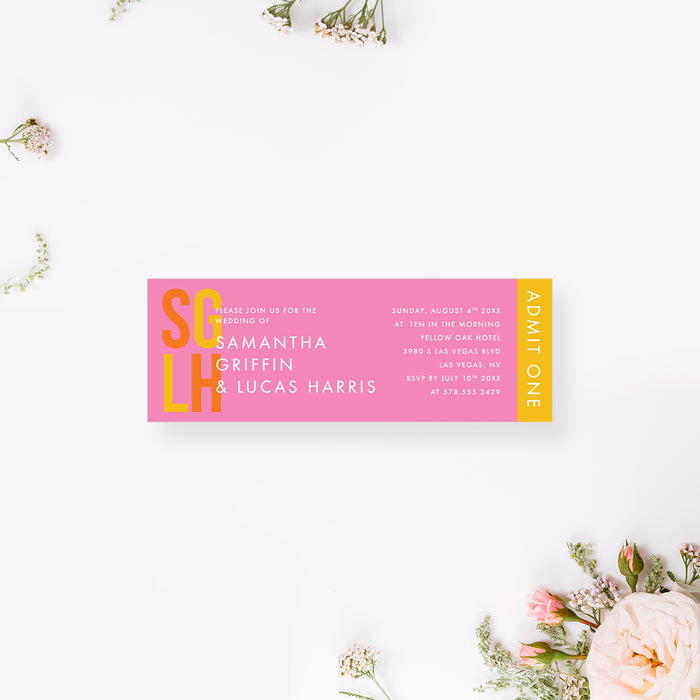 Colorful Wedding Ticket Invitation with Couples Initials, Bright Ticket Invites for Wedding Celebration, Modern Monogram Wedding Ticket Cards