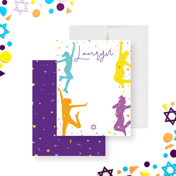 Bat Mitzvah note card with four dancing girls, colorful confetti, and Star of David design.-front-back