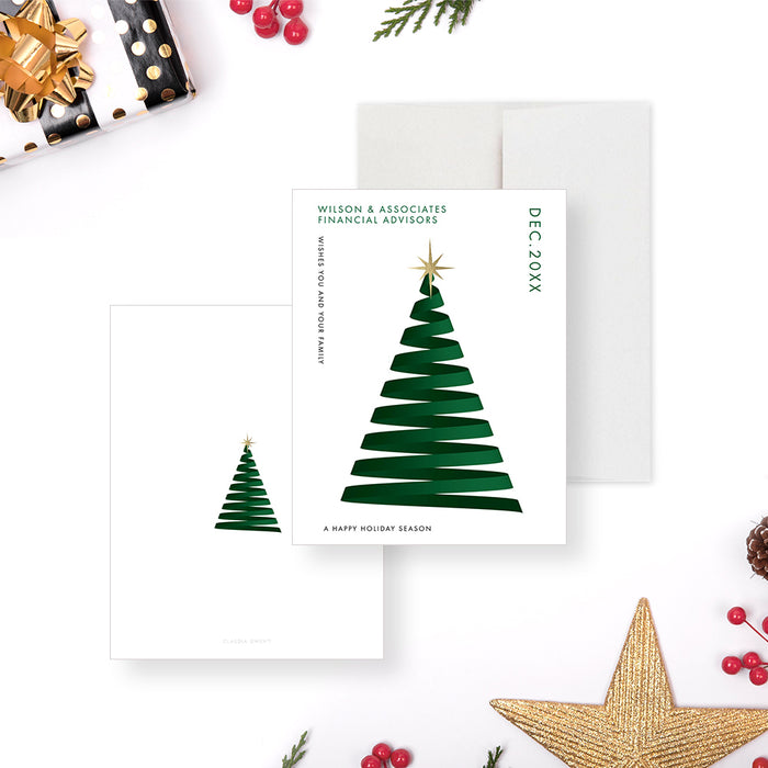 Creative Christmas Card, Corporate Holiday Greeting Card with Christmas Tree Illustration and Gold Star