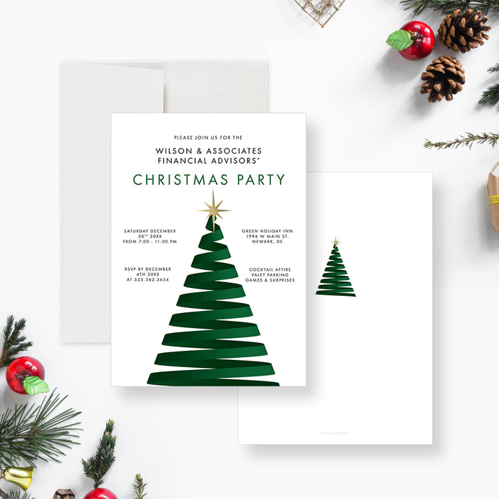 Company Christmas Party Invitation Card with Creative Christmas Tree Illustration and Gold Star, Corporate Christmas Invite Cards