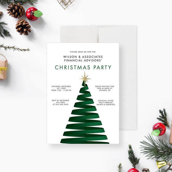 Company Christmas Party Invitation Card with Creative Christmas Tree Illustration and Gold Star, Corporate Christmas Invite Cards