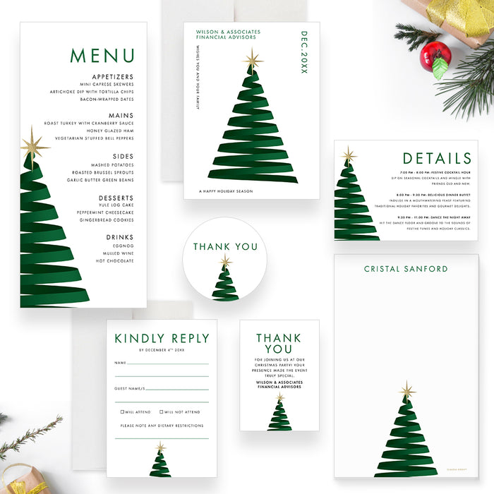 Company Christmas Party Invitation Card with Creative Christmas Tree Illustration and Gold Star, Corporate Christmas Invite Cards