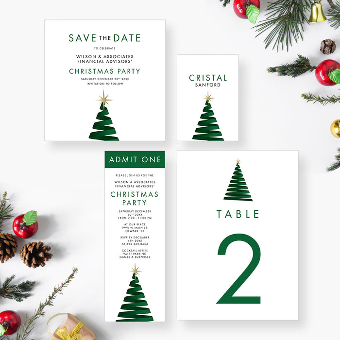 Company Christmas Party Invitation Card with Creative Christmas Tree Illustration and Gold Star, Corporate Christmas Invite Cards