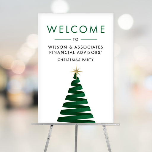 Minimalist Christmas party welcome sign featuring a green ribbon tree and a gold star, personalized for a corporate holiday celebration.
