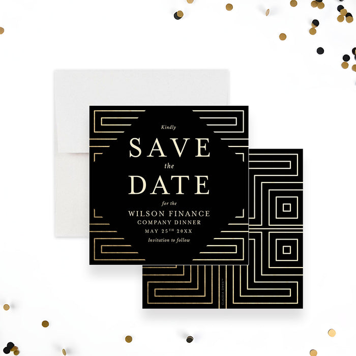 Elegant save the date card with a geometric pattern, printed as a pre-invitation for a company dinner-front-back