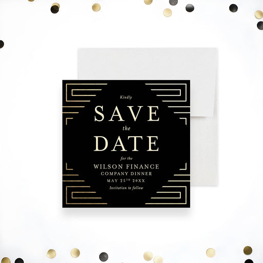 Elegant save the date card with a geometric pattern, printed as a pre-invitation for a company dinner-front