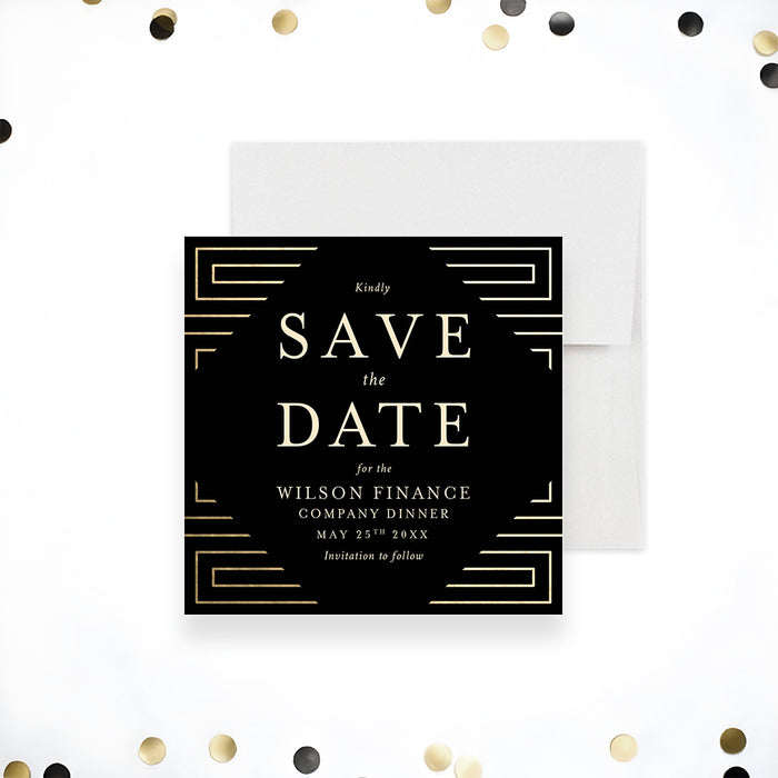 Elegant save the date card with a geometric pattern, printed as a pre-invitation for a company dinner-front