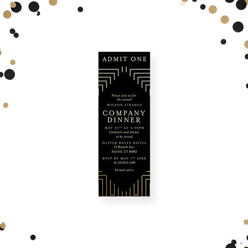 Black and gold ticket invitation with a geometric design, personalized as an admit-one entry pass for company dinners