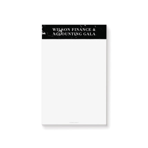 Custom black marble notepad with personalized header, perfect for corporate events, weddings, party favors, and professional desk stationery.