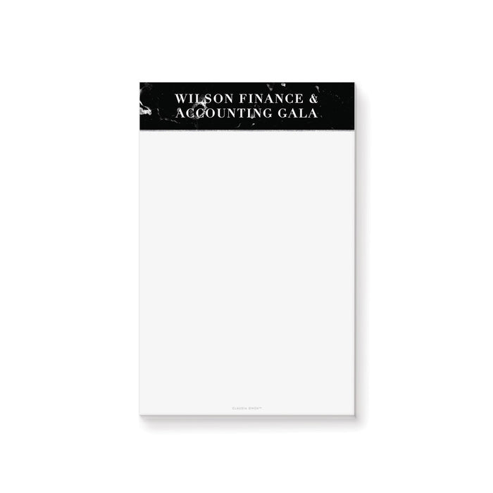 Custom black marble notepad with personalized header, perfect for corporate events, weddings, party favors, and professional desk stationery.