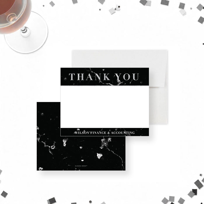 Personalized black marble thank you card, elegant corporate event stationery design.-front-back