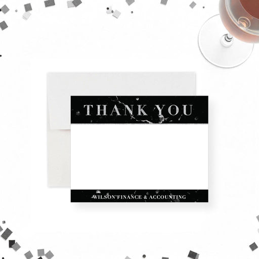 Personalized black marble thank you card, elegant corporate event stationery design.-front
