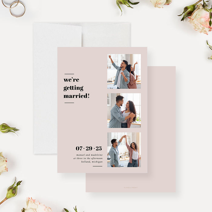 Photo Wedding Save the Date Card in Soft Beige Tones, Minimalist Wedding Save the Dates for Modern Couples with 3 Pictures