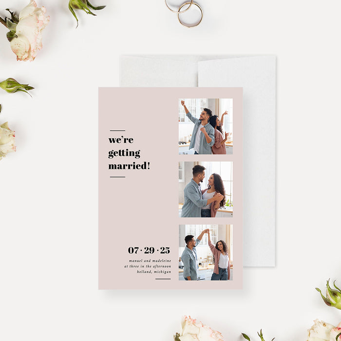 Photo Wedding Save the Date Card in Soft Beige Tones, Minimalist Wedding Save the Dates for Modern Couples with 3 Pictures