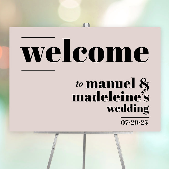 Blush wedding welcome sign with bold black text, customizable with names and date. Modern and minimalist design for wedding decor.
