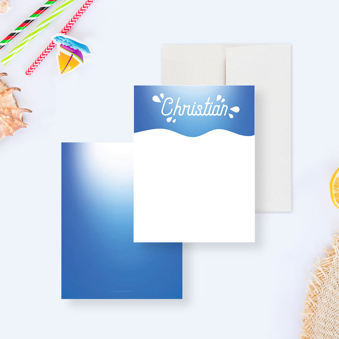 Cool Note Card with Blue Waves, Pool Birthday Thank You Card, Personalized Gift for Kids, Summer Stationery Correspondence Card