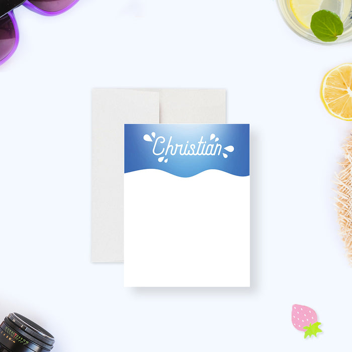 Cool Note Card with Blue Waves, Pool Birthday Thank You Card, Personalized Gift for Kids, Summer Stationery Correspondence Card
