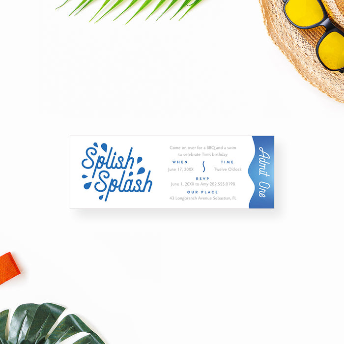 Splish Splash Birthday Party Ticket Invitation for Kids, Summer Birthday Ticket Invites with Blue Waves