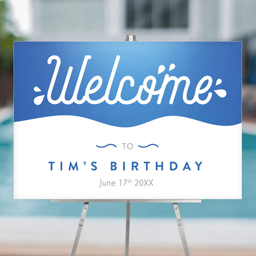 Custom birthday welcome sign with blue gradient background and personalized name and date.