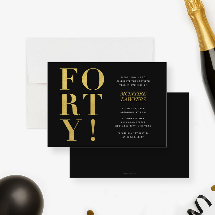corporate 40th anniversary invitation with black background, gold-colored forty lettering, company name, and milestone party details-front-back
