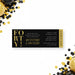 corporate anniversary ticket invitation with black background, gold-colored lettering, admit one side panel, and 40th business event details