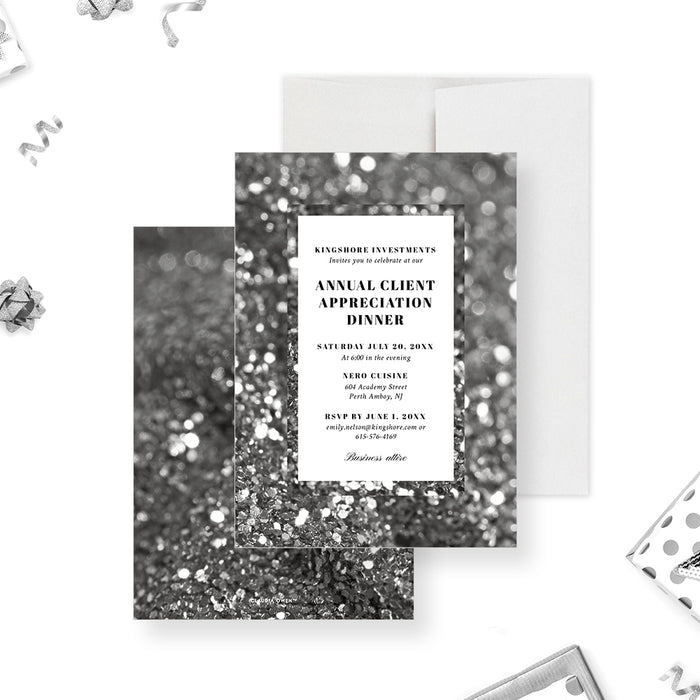 Elegant corporate annual client appreciation dinner invitation with black-and-white bokeh background and custom event details-front-back