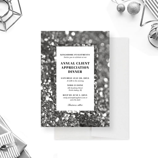 Elegant corporate annual client appreciation dinner invitation with black-and-white bokeh background and custom event details-front