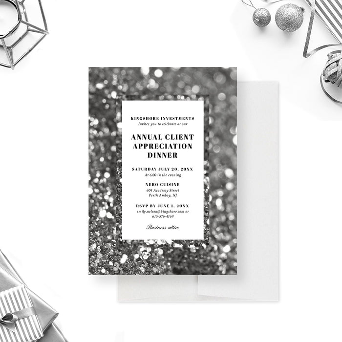 Elegant corporate annual client appreciation dinner invitation with black-and-white bokeh background and custom event details-front