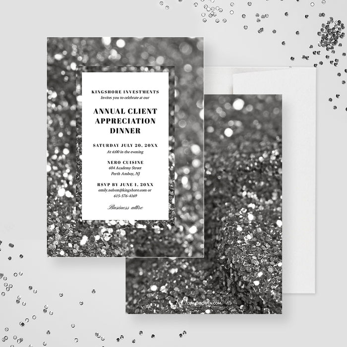 Elegant corporate dinner digital invitation template with black-and-white bokeh background and company event details-front-back