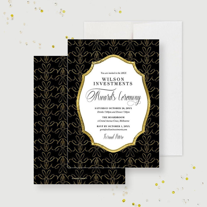 Personalized corporate awards ceremony invitation with black and gold pattern, ornate frame, company name, and event details-front-back