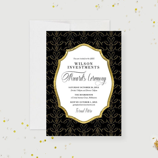 Personalized corporate awards ceremony invitation with black and gold pattern, ornate frame, company name, and event details-front