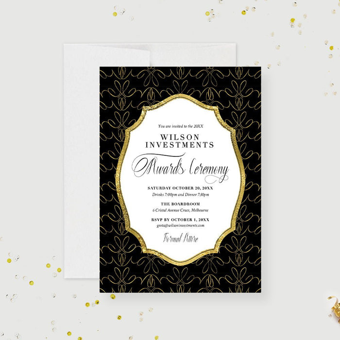 Personalized corporate awards ceremony invitation with black and gold pattern, ornate frame, company name, and event details-front