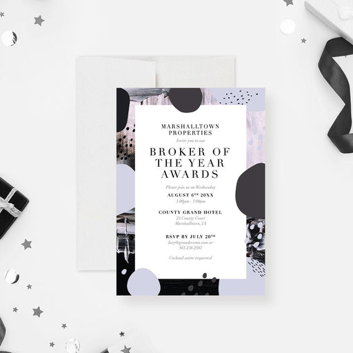 An award ceremony invitation card with modern abstract art design, including details such as the event name, date, time, and location, from Marshaltown Broker of the Year Awards.