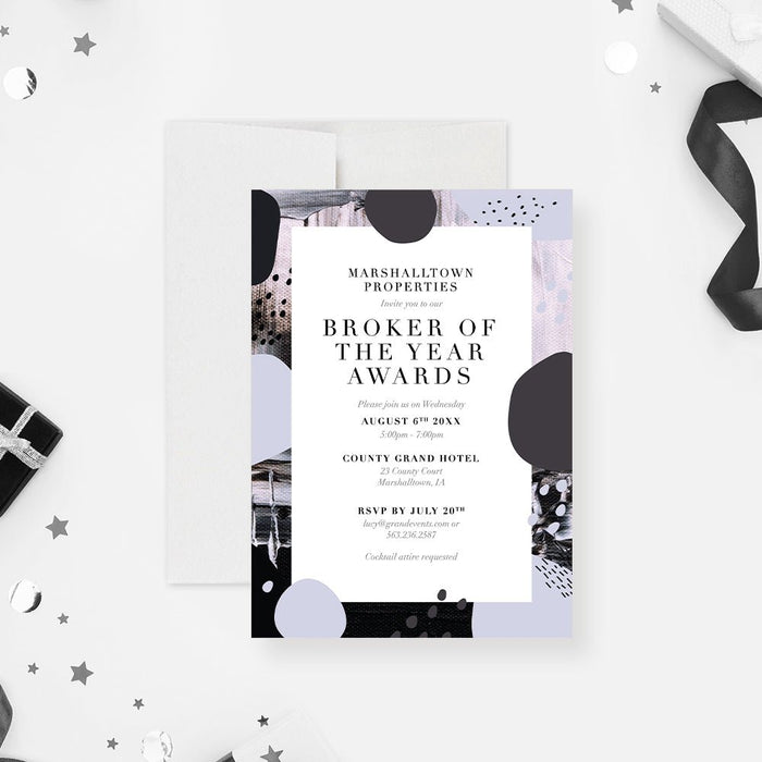 An award ceremony invitation card with modern abstract art design, including details such as the event name, date, time, and location, from Marshaltown Broker of the Year Awards.