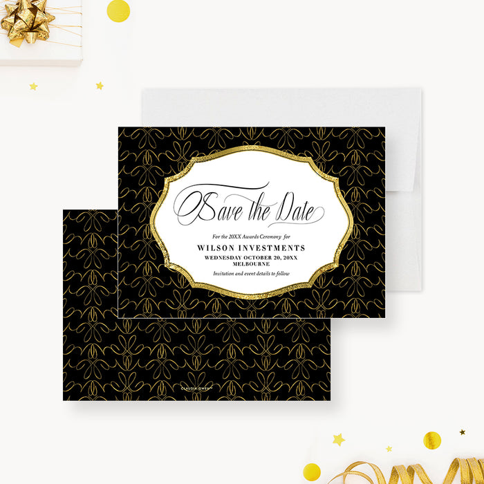 Personalized corporate awards ceremony save the date with black and gold pattern, ornate frame, company name, and event date-front-back