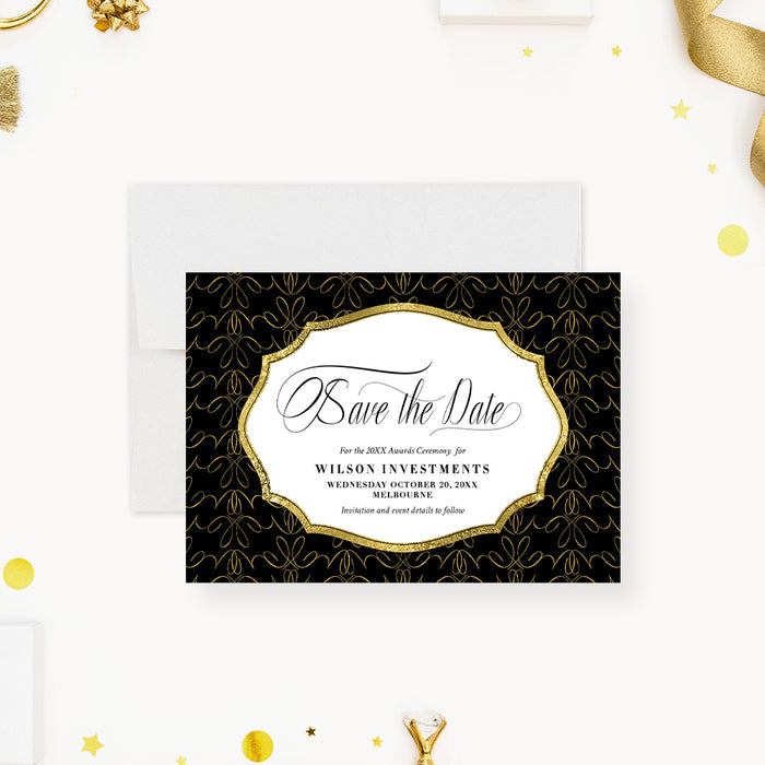 Personalized corporate awards ceremony save the date with black and gold pattern, ornate frame, company name, and event date-front